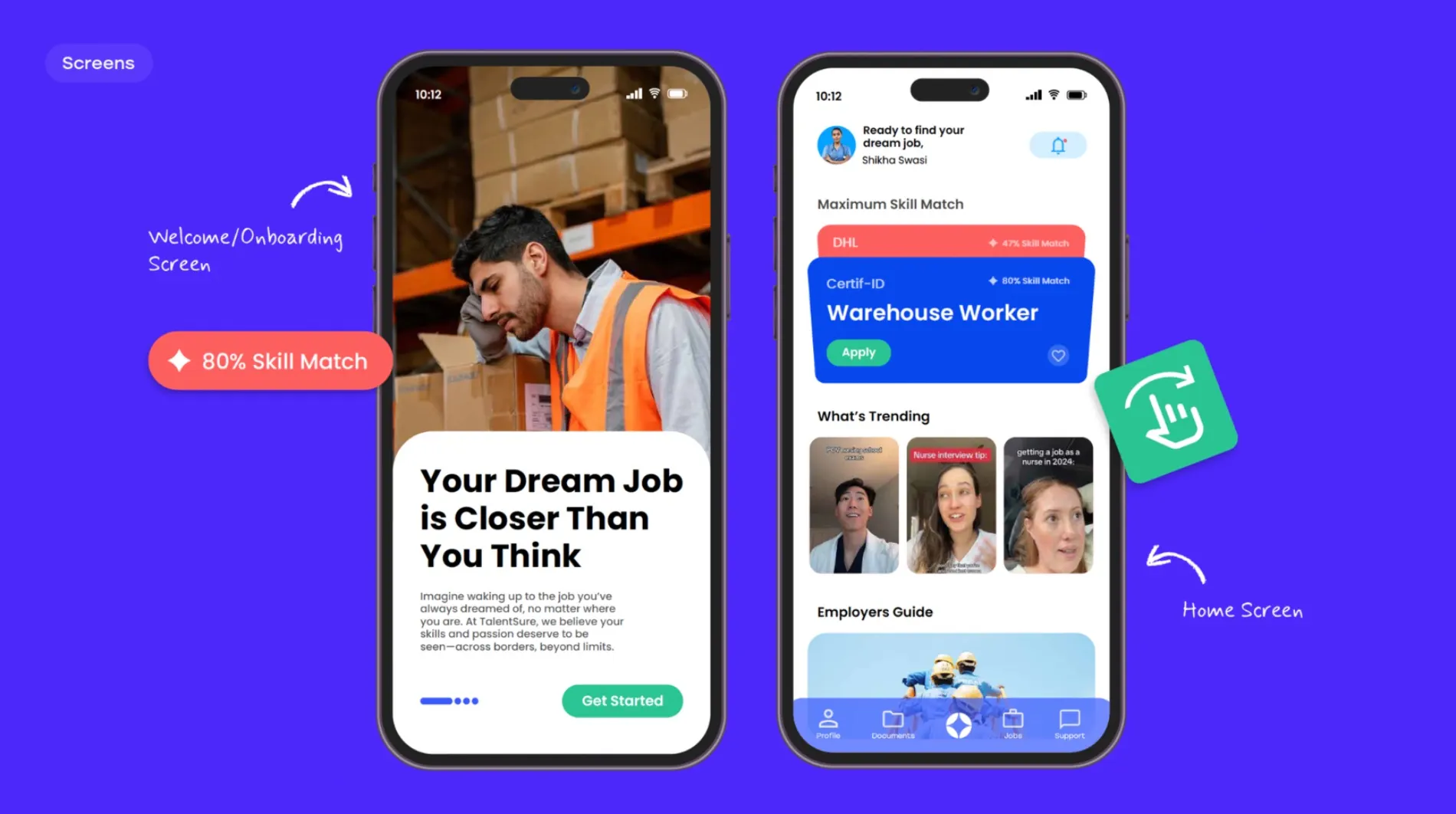 TalentSure app screens: onboarding, matched roles and skill match